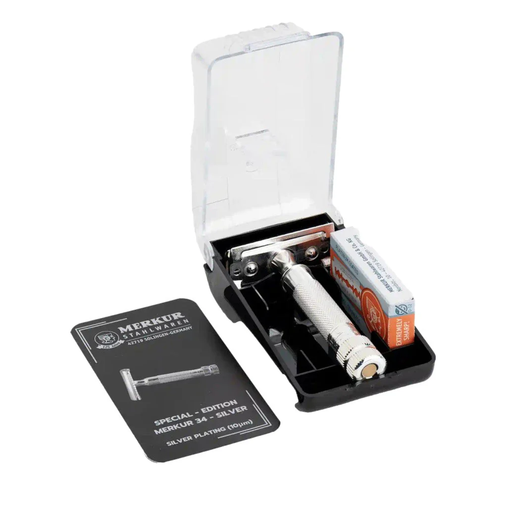 Merkur 34S Silver Plated Razor in Plastic Case with 10 Double Edge Blades